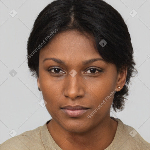 Neutral black young-adult female with short  black hair and brown eyes