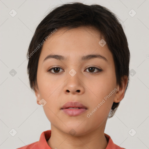 Neutral white young-adult female with short  brown hair and brown eyes