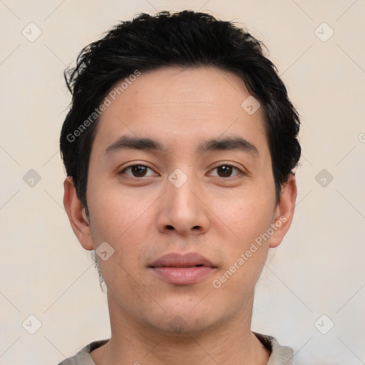 Neutral asian young-adult male with short  black hair and brown eyes