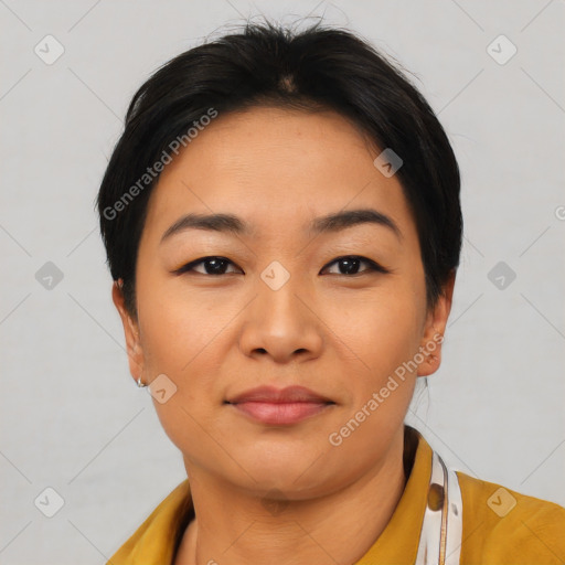 Joyful asian young-adult female with short  brown hair and brown eyes