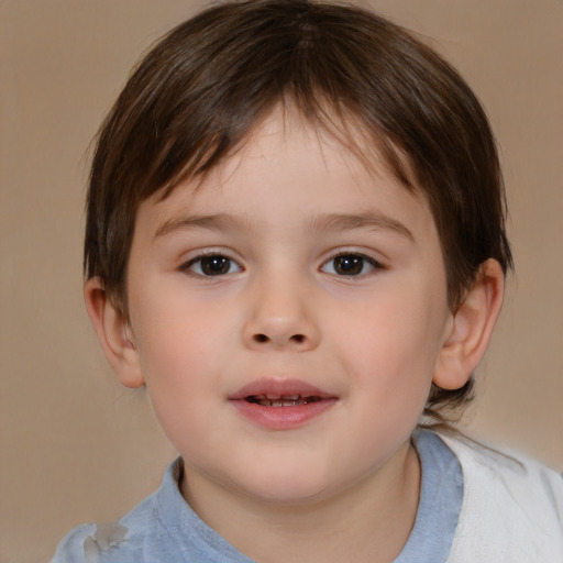 Joyful white child male with medium  brown hair and brown eyes