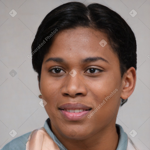 Joyful asian young-adult female with short  black hair and brown eyes