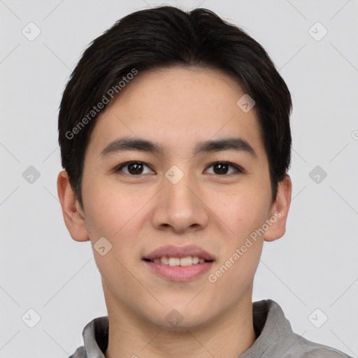 Joyful white young-adult male with short  black hair and brown eyes