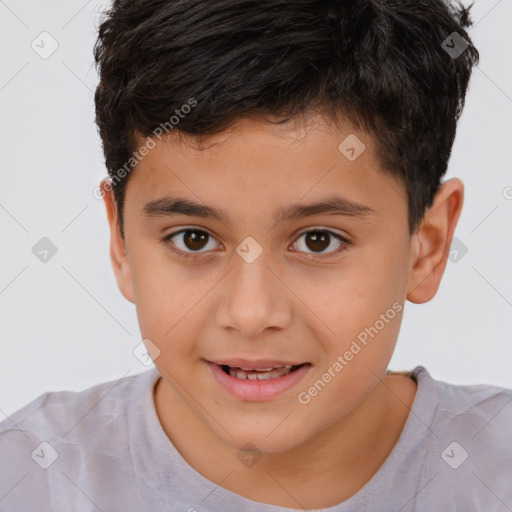 Joyful white child male with short  brown hair and brown eyes