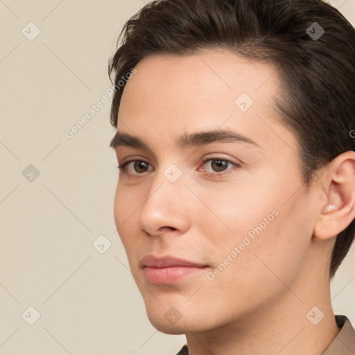 Neutral white young-adult male with short  brown hair and brown eyes