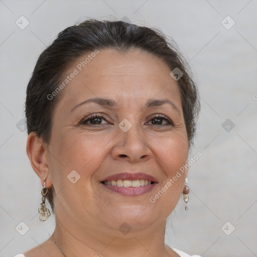 Joyful white adult female with short  brown hair and brown eyes