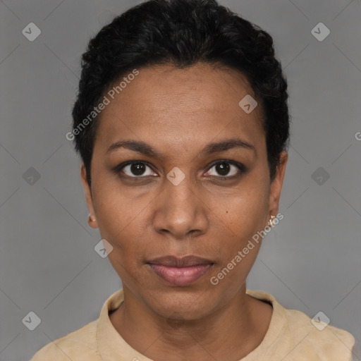 Neutral black young-adult female with short  black hair and brown eyes