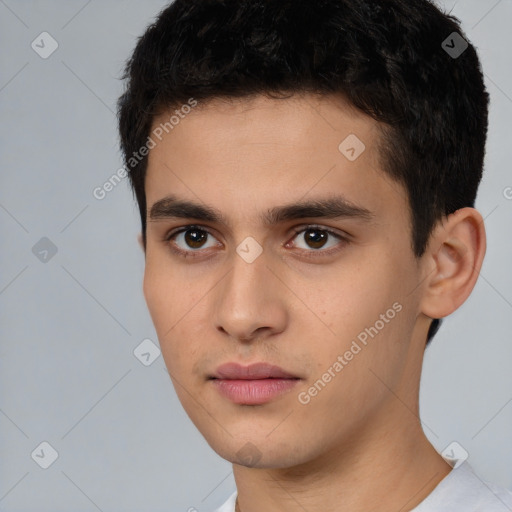 Neutral white young-adult male with short  brown hair and brown eyes