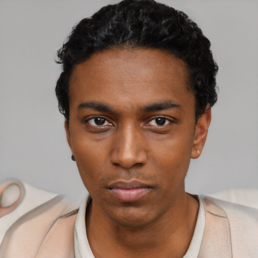 Neutral black young-adult male with short  black hair and brown eyes