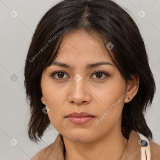 Neutral asian young-adult female with medium  brown hair and brown eyes