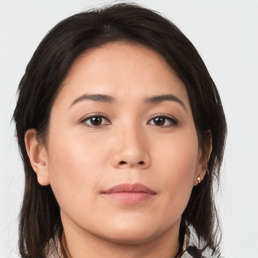 Neutral asian young-adult female with medium  brown hair and brown eyes