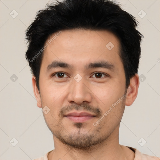 Neutral asian young-adult male with short  black hair and brown eyes