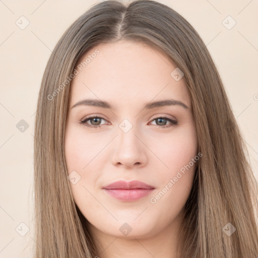 Neutral white young-adult female with long  brown hair and brown eyes