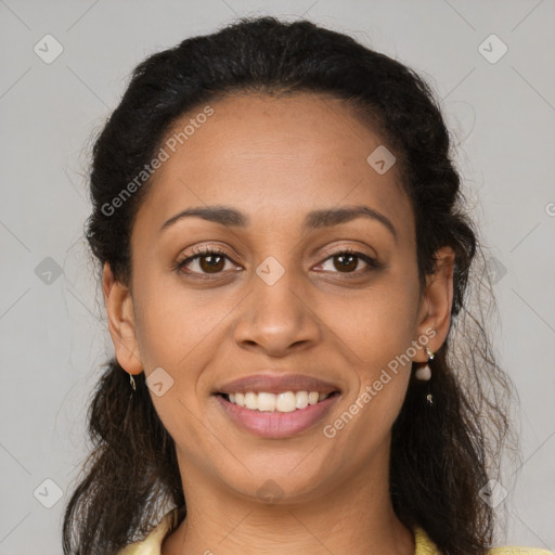 Joyful latino young-adult female with medium  brown hair and brown eyes