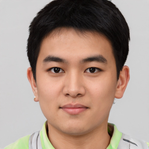 Neutral asian young-adult male with short  black hair and brown eyes