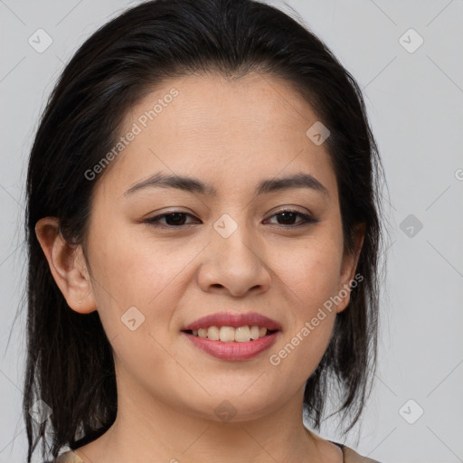 Joyful asian young-adult female with medium  brown hair and brown eyes