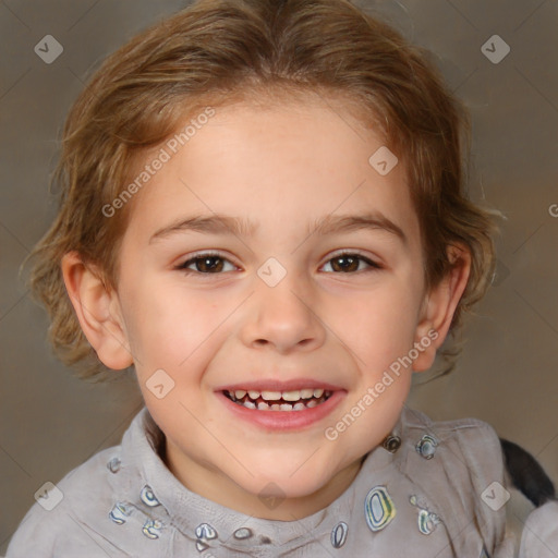 Joyful white child female with medium  brown hair and brown eyes