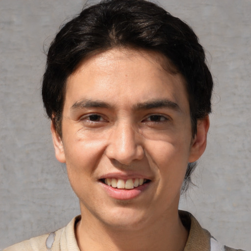 Joyful white young-adult male with medium  brown hair and brown eyes