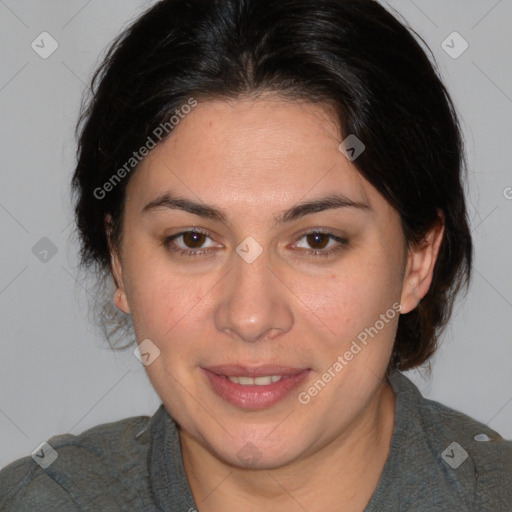 Joyful white adult female with medium  brown hair and brown eyes