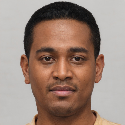 Neutral black young-adult male with short  black hair and brown eyes