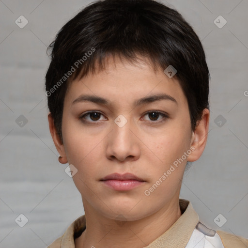 Neutral asian young-adult female with short  brown hair and brown eyes