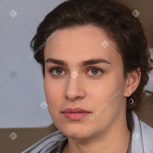 Neutral white young-adult female with short  brown hair and brown eyes