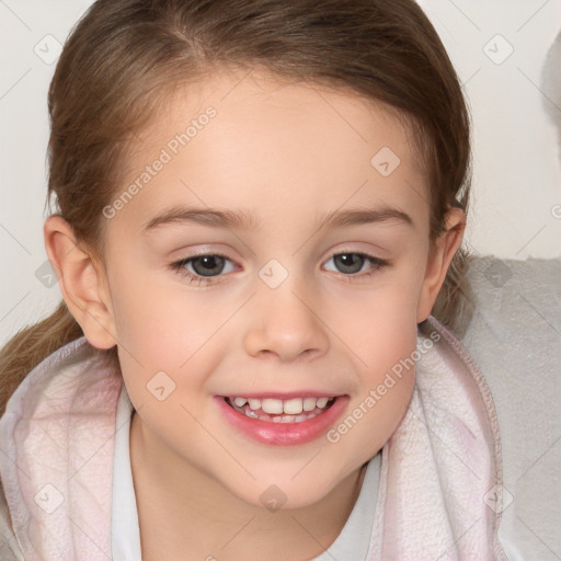 Joyful white child female with medium  brown hair and brown eyes