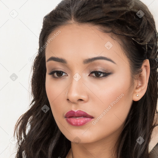 Neutral white young-adult female with long  brown hair and brown eyes