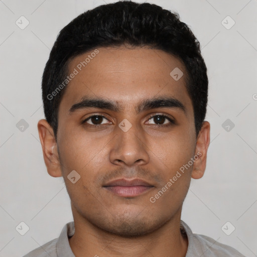 Neutral latino young-adult male with short  black hair and brown eyes