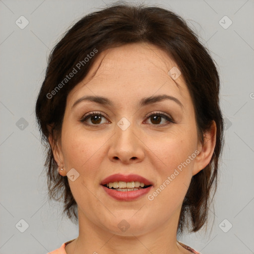 Joyful white adult female with medium  brown hair and brown eyes