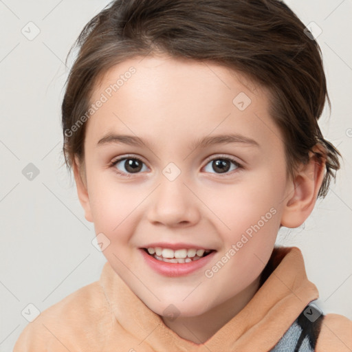 Joyful white child female with medium  brown hair and brown eyes