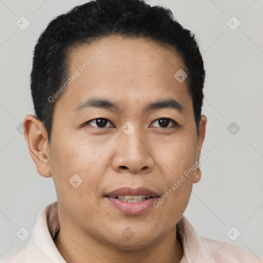 Joyful latino young-adult male with short  brown hair and brown eyes