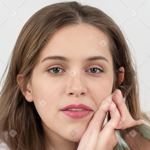 Neutral white young-adult female with medium  brown hair and brown eyes