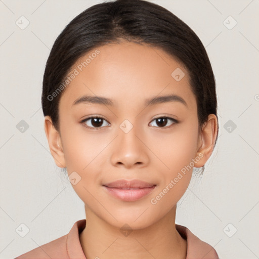 Joyful latino young-adult female with medium  brown hair and brown eyes