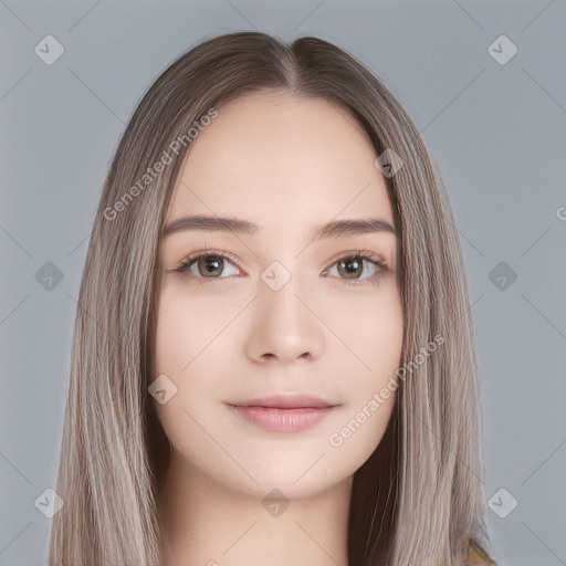 Neutral white young-adult female with long  brown hair and brown eyes