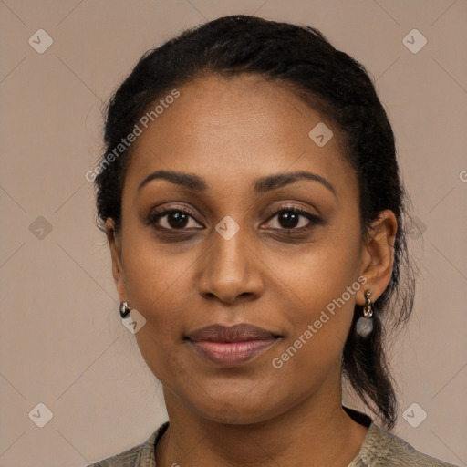 Joyful latino young-adult female with long  black hair and brown eyes