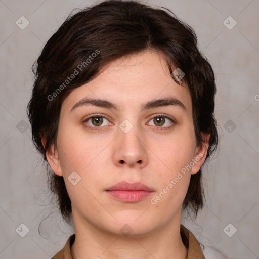 Neutral white young-adult female with medium  brown hair and brown eyes