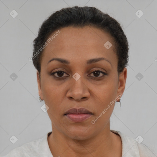 Joyful black adult female with short  brown hair and brown eyes