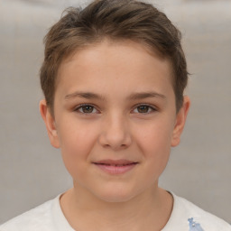 Joyful white child female with short  brown hair and brown eyes