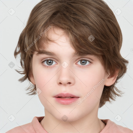 Neutral white child female with medium  brown hair and grey eyes