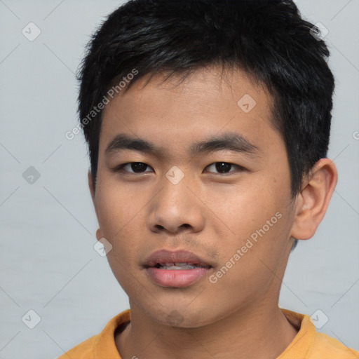 Neutral asian young-adult male with short  black hair and brown eyes