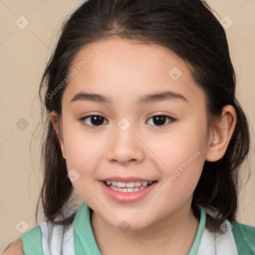 Joyful white child female with medium  brown hair and brown eyes