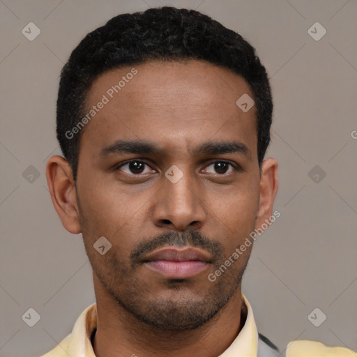 Neutral latino young-adult male with short  black hair and brown eyes