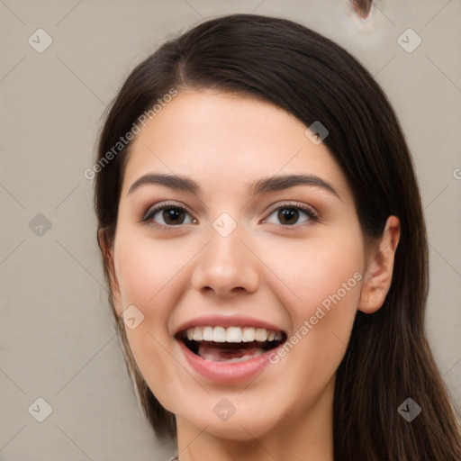 Joyful white young-adult female with long  brown hair and brown eyes