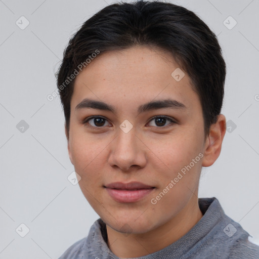 Joyful asian young-adult female with short  brown hair and brown eyes