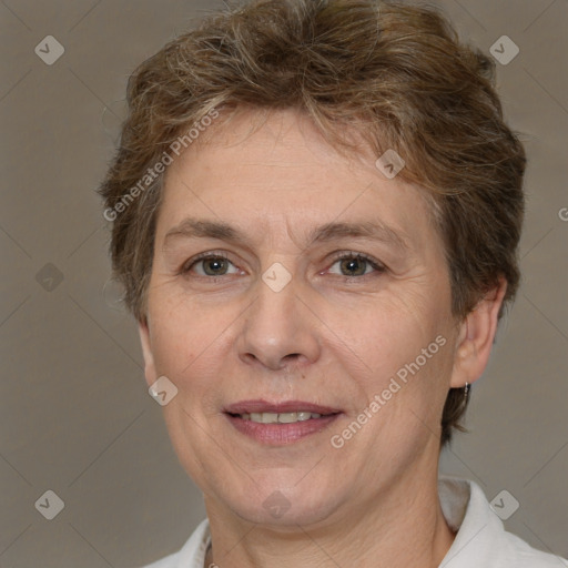 Joyful white adult female with short  brown hair and brown eyes