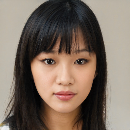 Neutral asian young-adult female with long  brown hair and brown eyes