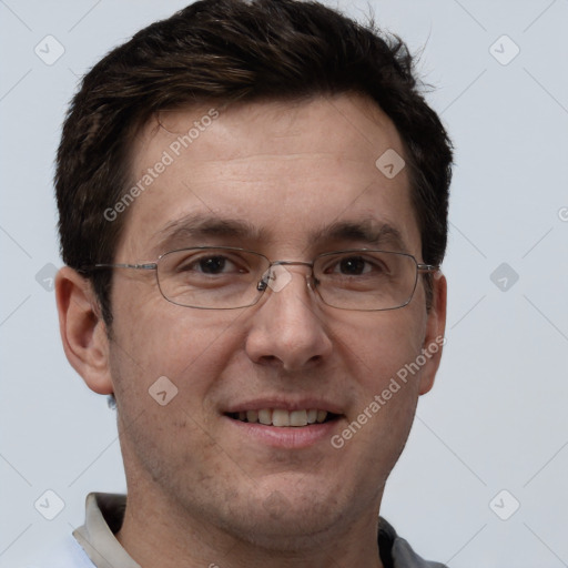 Joyful white adult male with short  brown hair and grey eyes