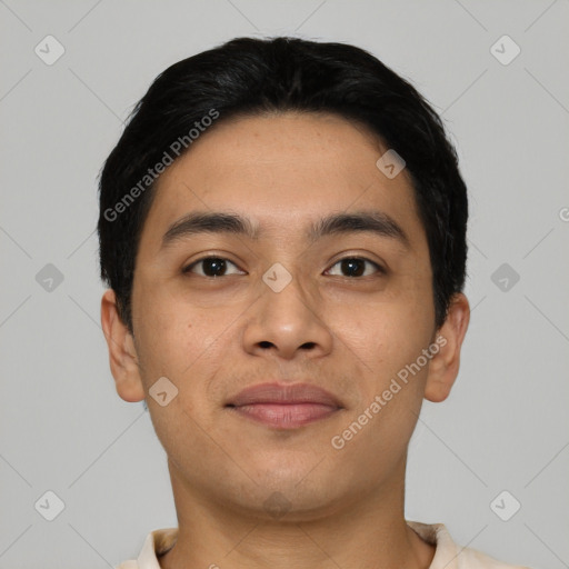 Neutral latino young-adult male with short  black hair and brown eyes