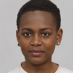 Neutral black young-adult female with short  black hair and brown eyes